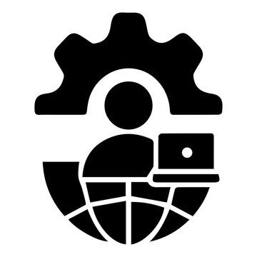 Global Business Technology and IT Support Icon, Professional Working with Laptop and Gears