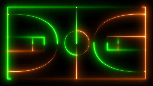 Neon, shiny glowing outline of Basketball court. Sport concept, area of basketball game, parquet with neon lights. A Multifunctional Sports Ground For Basketball,