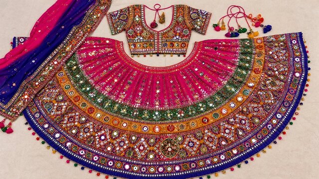 A vibrant ghagra choli with mirror work embroidery, displayed flat from above.