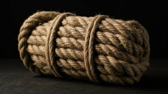 Tightly bound coil of hemp rope with fibers straining under tension.
