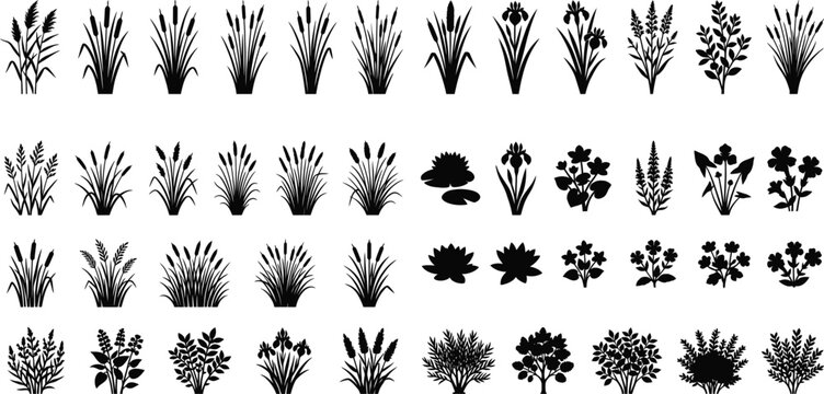 Set of black grass and aquatic plant icons