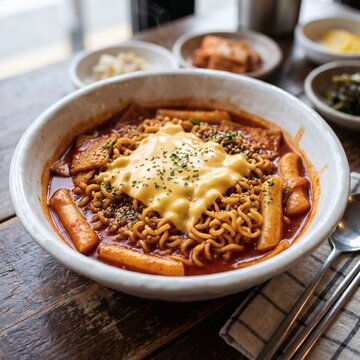 노란 치즈가 부드럽게 녹아내린 치즈라볶이