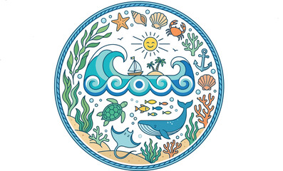 Obraz premium Illustration of a vibrant flat ocean world with diverse marine life and plants
