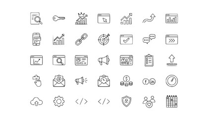 Fototapeta premium SEO and digital marketing thin outline icon set vector collection