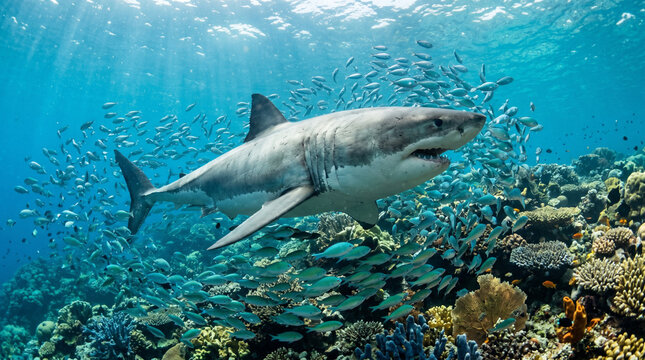 The great white shark (Carcharodon carcharias), also known as the white shark swimming among the school of fish, Great Barrier Reef, Australia.
