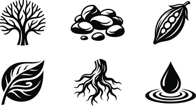 Set of nature icons with tree stones peas leaf root and water