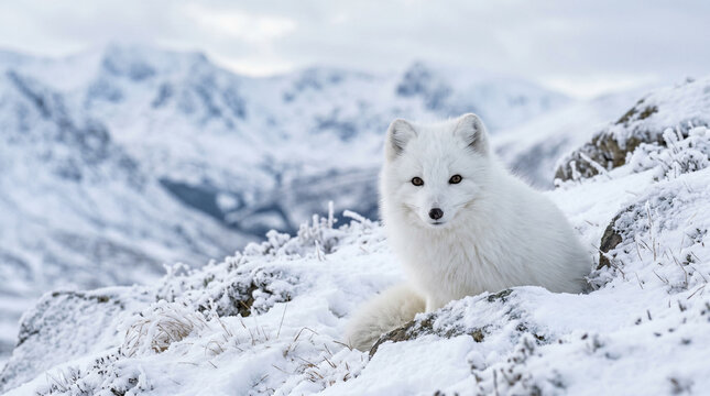 Close up of Arctic fox (vulpes lagopus) in its Natural Habitat winter season, Cairngorm mountains, Scotland.
