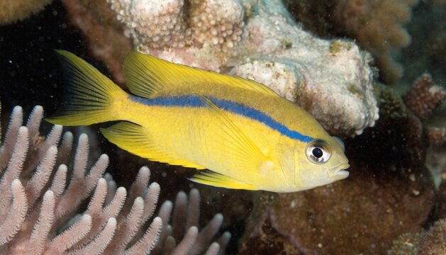 Close up of a Lemon Damselfish (Pomacentrus moluccensis) swimming among corals in Great Barrier Reef, Australia.
