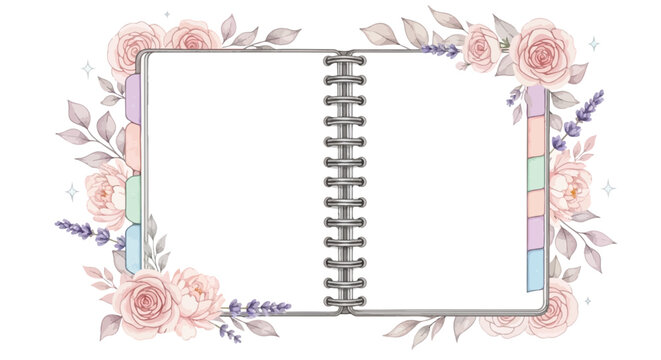 An open, blank spiral-bound planner with pastel divider tabs is framed by delicate watercolor pink roses and lavender sprigs on a white background