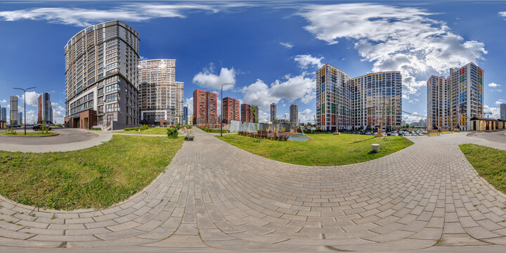 hdri 360 panorama near new skyscrapers and residential complex in full equirectangular seamless spherical projection
