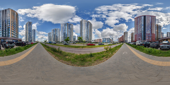 hdri 360 panorama near new skyscrapers and residential complex in full equirectangular seamless spherical projection