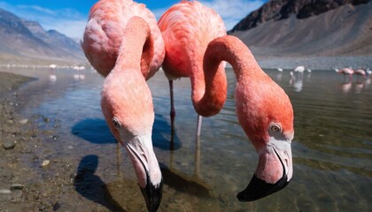 Close up of the Chilean flamingos (Phoenicopterus chilensis) on a mountain lake in the Atacama Desert, South America, Chile.  © pinan