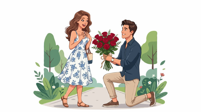 A man proposing to a woman with a bouquet of red roses in a park setting. The woman looks surprised and delighted.