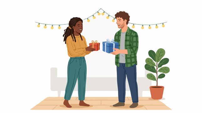 A man and a woman exchanging gift boxes, with string lights in the background. They are both smiling and appear happy about the present exchange