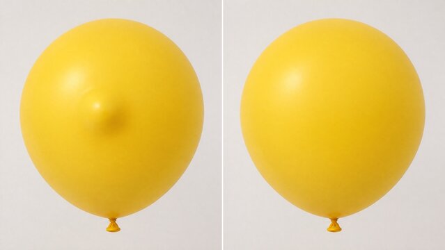 A perfectly round yellow balloon with a small, temporary bulge appearing on its smooth surface.