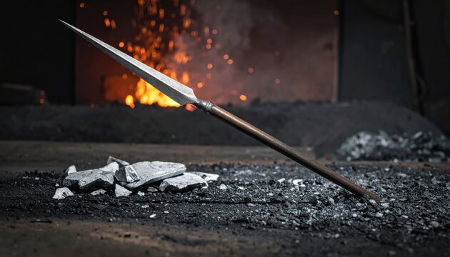 An ancient forged spear resting on a blacksmith's floor with glowing embers and hot coals in the background, symbolizing power and craftsmanship