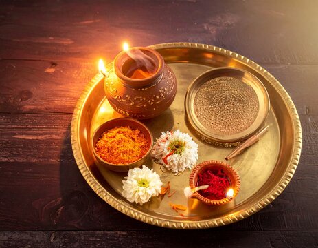 Karva Chauth Festival Puja Thali Overhead Flat Lay with Earthen Pot Diya Chalni and Flowers on Dark Wooden Surface