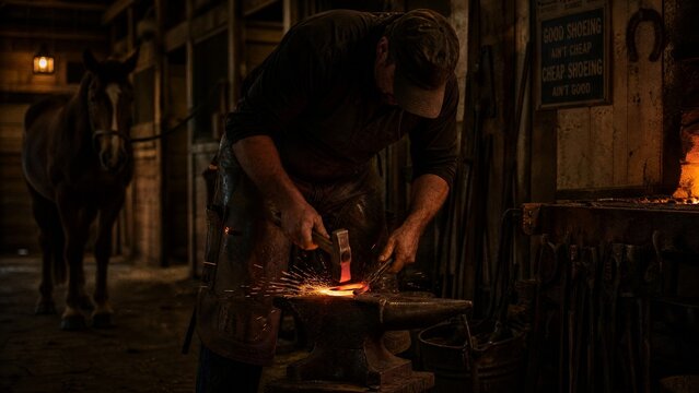 A farrier shaping a horseshoe on an anvil with sparks flying in a dimly lit stable.