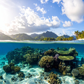 Tropical Island Landscape and Underwater Coral Reef Split View
