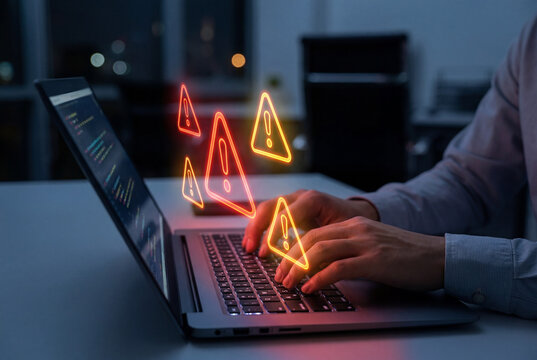 Professional close up of programmer hands typing on laptop with glowing neon warning alert icons on screen at night, ideal for cybersecurity, coding errors and malware concepts.