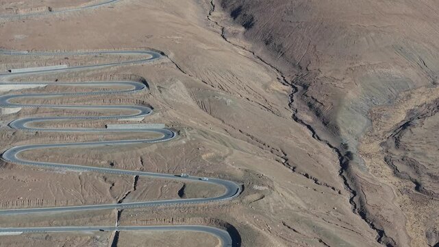 Aerial close-up of the famous 108 switchbacks on the road to Everest Base Camp, Tibet, China