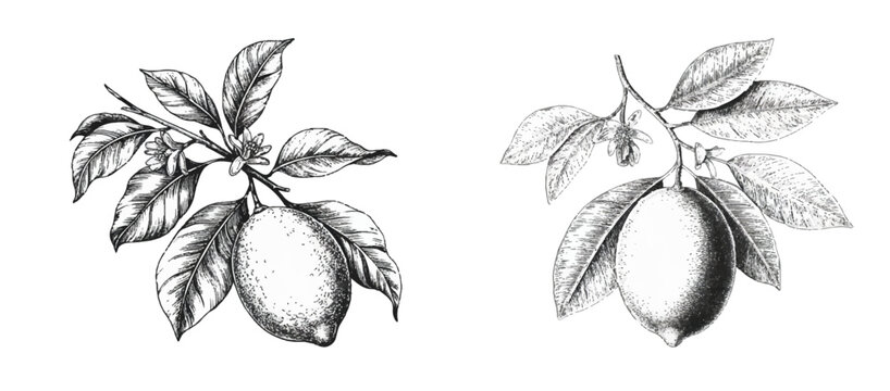 Detailed botanical hand drawn sketch of lemon fruit branches featuring lush leaves and fragrant blossoms isolated on white background vintage engraved style.