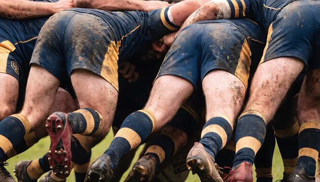 A tightly packed rugby scrum with muddy players viewed from a low angle during a competitive match athletic athlete
