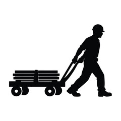 Construction worker silhouette pulling a cart with lumber during daylight isolated on white background © Sumaiya
