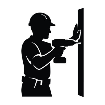 Construction worker with drill installing wall stud during renovation isolated on white background