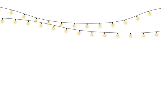 Lights bulbs isolated on transparent background. Glowing fairy Christmas garland strings. Vector New Year party led lamps decorations. Christmas garland isolated on transparent gold light bulbs.