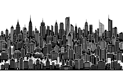 Black and white illustration of a city skyline with skyscrapers © MdShakib