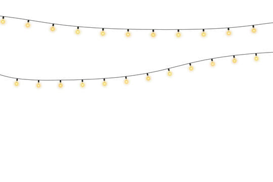 Lights bulbs isolated on transparent background. Glowing fairy Christmas garland strings. Vector New Year party led lamps decorations, gold yellow light bulbs with sparkles, holiday season element.