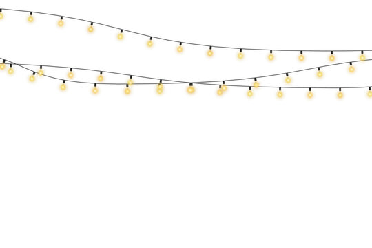 Lights bulbs isolated on transparent background. Glowing fairy Christmas garland strings. Vector New Year party led lamps decorations, Christmas garland PNG, Christmas light PNG, decoration set.