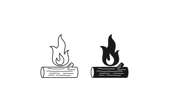 camfire with wooden logs icon set outline and silhouette design for camping and outdoor advanture theme