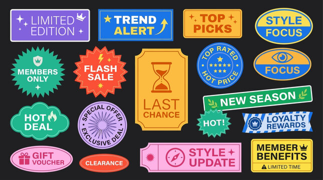 Promotional mention vector badges and labels, showcasing sales, discounts, membership, and trend alerts for effective e-commerce marketing