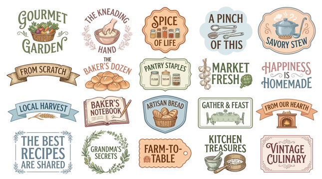 A charming collection of vintage culinary labels and badges, featuring hand-drawn designs for cooking, baking, gardening, and artisan food projects