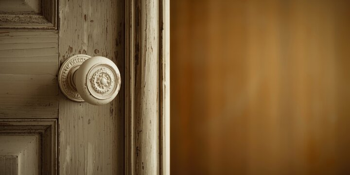 vintage white door knob detail on textured interior door with copy space