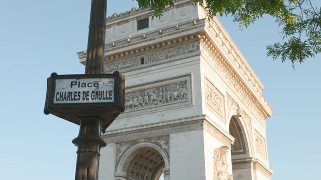 Classic Parisian lamppost sign reading Place Charles de Gaulle standing in front of the iconic Arc de Triomphe monument beneath a clear blue sky.