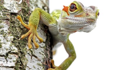 Fototapeta premium Detailed close up of a lizard clinging to tree bark against white background