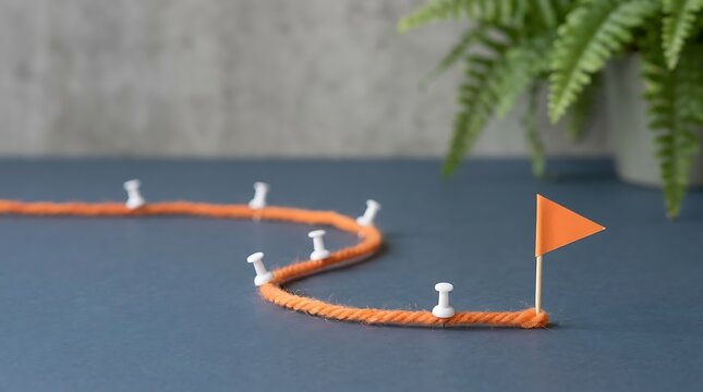 Orange knitted yarn thread laid out in winding path with pins and flag marking finish line for goal success concept.