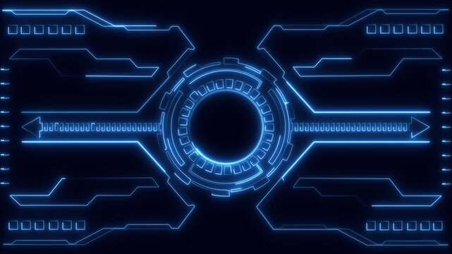 Futuristic blue neon HUD interface elements with core. Technical futuristic blue neon HUD interface elements for systems tracking. High tech blue neon HUD interface.