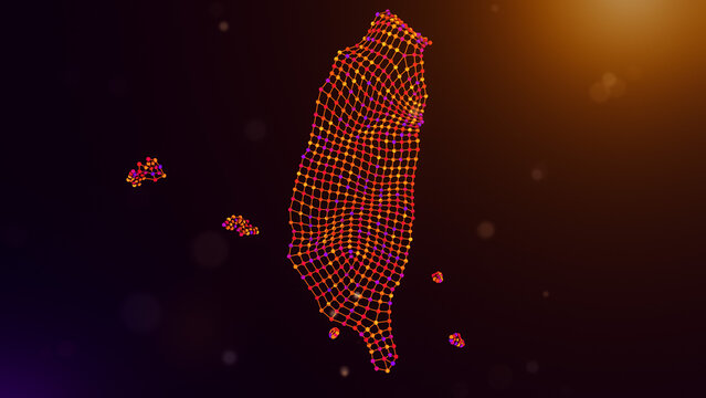 Futuristic Taiwan map formed by interconnected nodes and mesh lines with dynamic wave motion, glowing purple orange bokeh lights, and advanced digital network visualization.