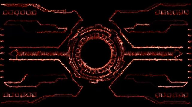 Fiery red neon HUD interface elements with core. Futuristic fiery red neon HUD interface elements for weapon tracking screens. Tech fiery red neon HUD interface panel.