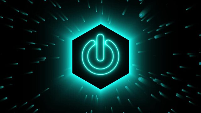 Cyan neon power button icon in a hexagonal frame. Technical cyan neon power button icon for computing server boot panels. Tech cyan neon power button icon on dark.