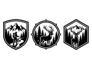 Obraz premium Set of Vintage Outdoor Adventure Logos Featuring Hiking and Deer in Wilderness Landscapes
