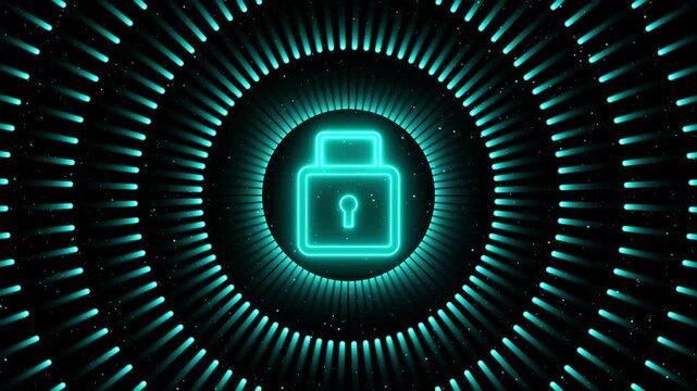 Glowing cyan padlock icon surrounded by light streaks. Safe glowing cyan padlock icon for firewall authentication safety. Cyber glowing cyan padlock icon with particles.