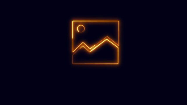 Neon orange outline of picture frame with mountain icon. Modern neon orange outline of picture frame for gallery apps. Simple neon orange outline of picture frame on black.
