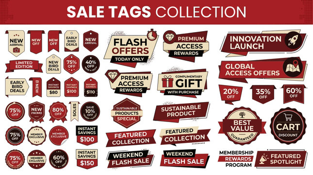 Variety of promotional badges and discount labels for impactful marketing. Attract customers and boost sales with compelling offers and retail promotions