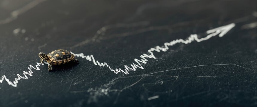 Stock market stability representation with tiny turtle walking on chalkboard and line chart