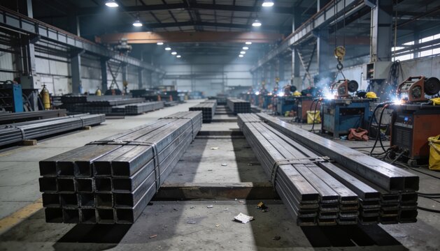 Steel beams stacked in a large industrial warehouse with welding equipment and machinery visible in the background, showcasing a busy construction environment